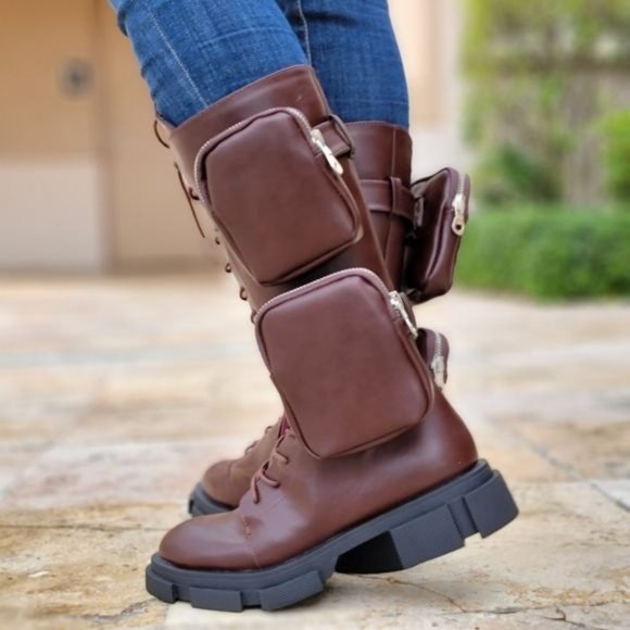 Women's Wine Lace up High Combat Boots Lug Sole - Picture 5 of 5